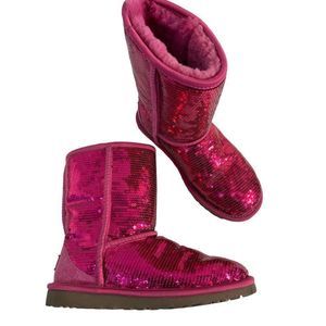 Women’s UGG leather Sherpa Ankle Sequin boots pink bling flat size 6 6034 EUC